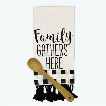 YOUNGS Black & White Plaid Kitchen Towel with Wood Spoon Set 21255